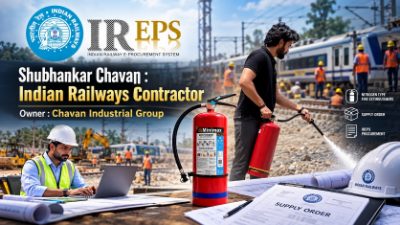 Promotional artwork for the Central Railway fire-extinguisher order: a rail work site with a red fire extinguisher, supply-order paperwork, and Indian Railways e-procurement branding.