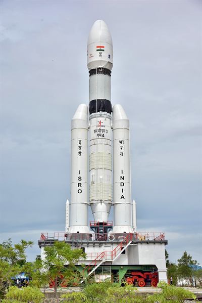 A launch vehicle on its pad. ISRO ran a sea-level test of the CE20 core for the LVM3.