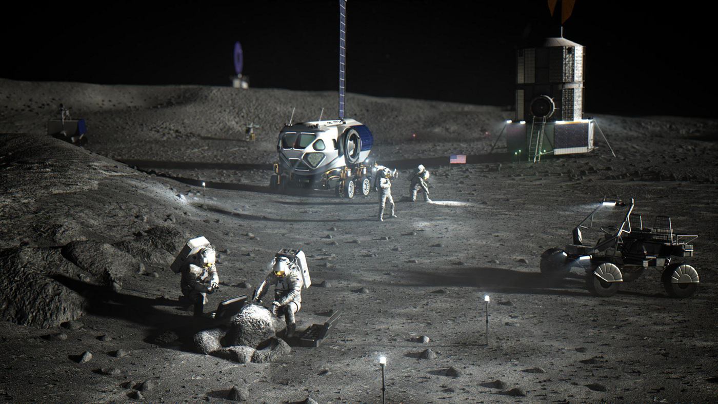 An artist's rendering of the Artemis base camp on the Moon.