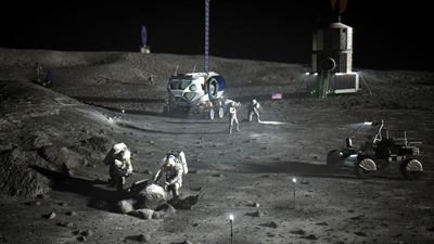 An artist's rendering of the Artemis base camp on the Moon.