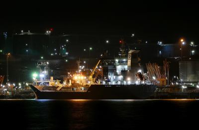 A product terminal with tankers at Preemraff Lysekil on the Swedish coast, a route outside the Gulf.